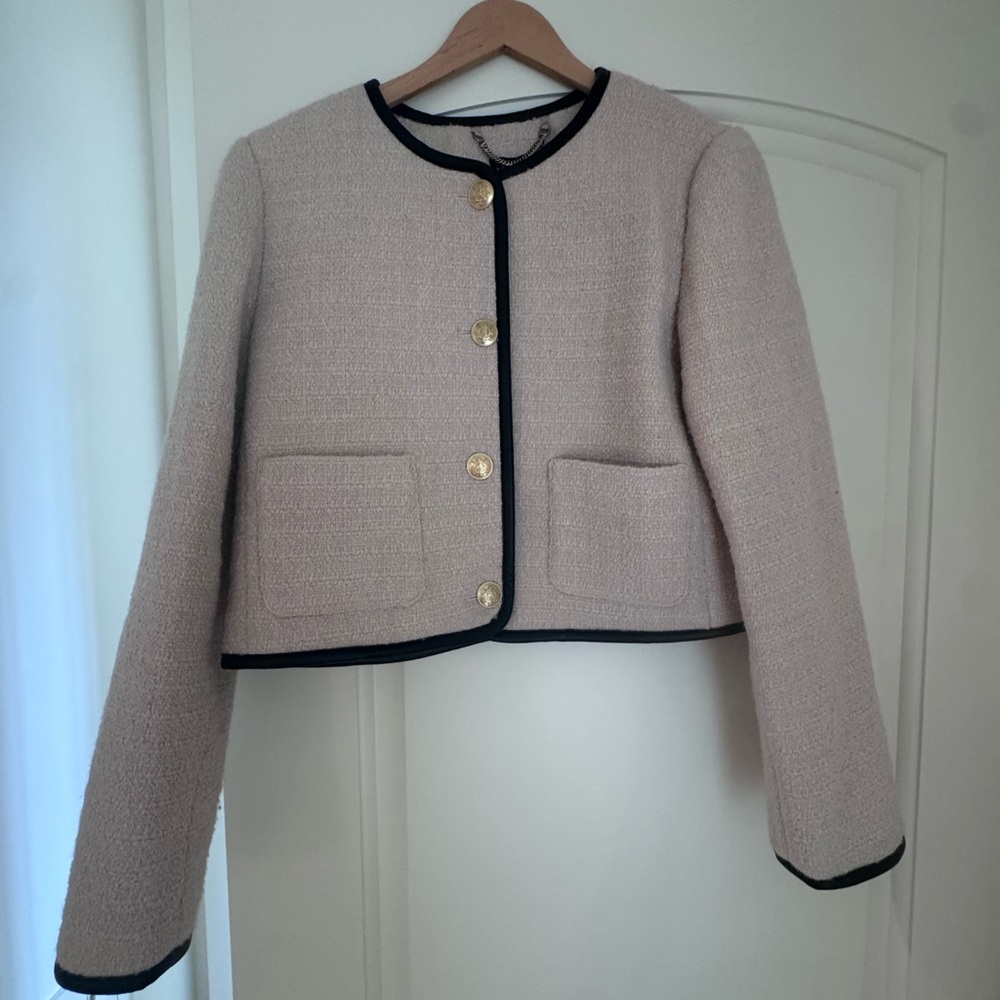 J. Crew Beige Blazer with Black Leather Trim